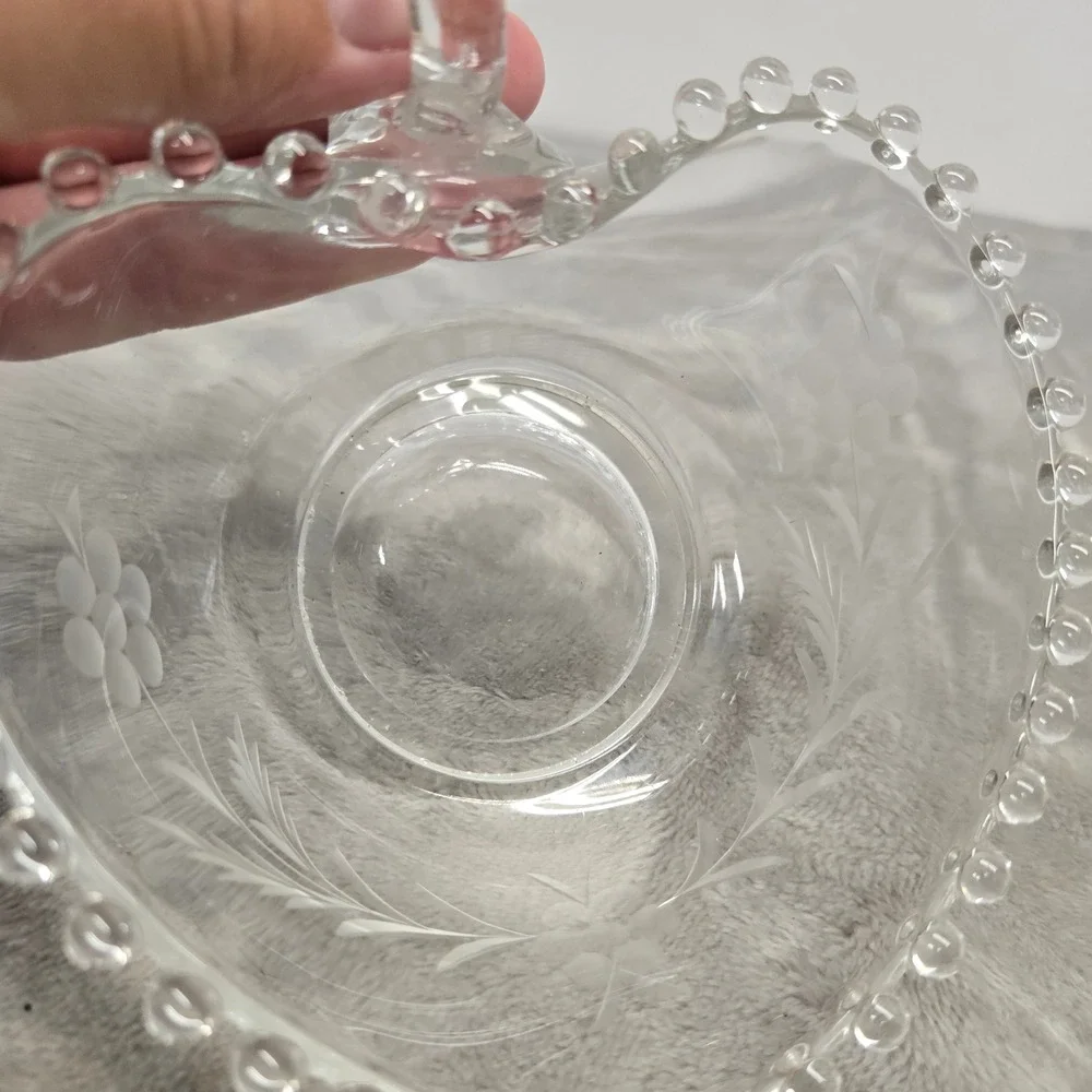 Vintage Imperial Glass Heart Shaped Nappy Bowl Beaded Rim Etched Floral  Handle
